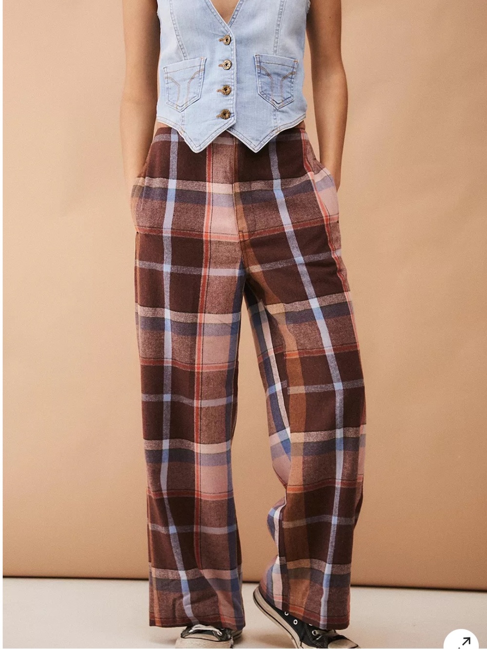 NEW UO Abby Plaid Brown/ Pink Brushed Wide Leg Trousers Size 2